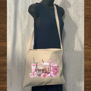 Valentines Coffee Drinks Cotton Canvas Messenger Tote Bag with Long Strap